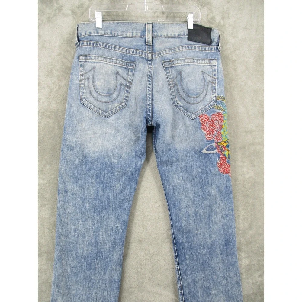 True Religion Jeans Mens 36 Geno Ojai Escape Dragon Embroidered Distressed‎ Blue